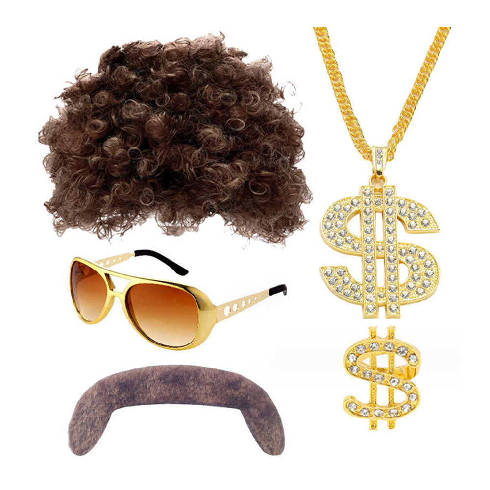 70s party Halloween props role play Elvis style ball wig glasses beard set